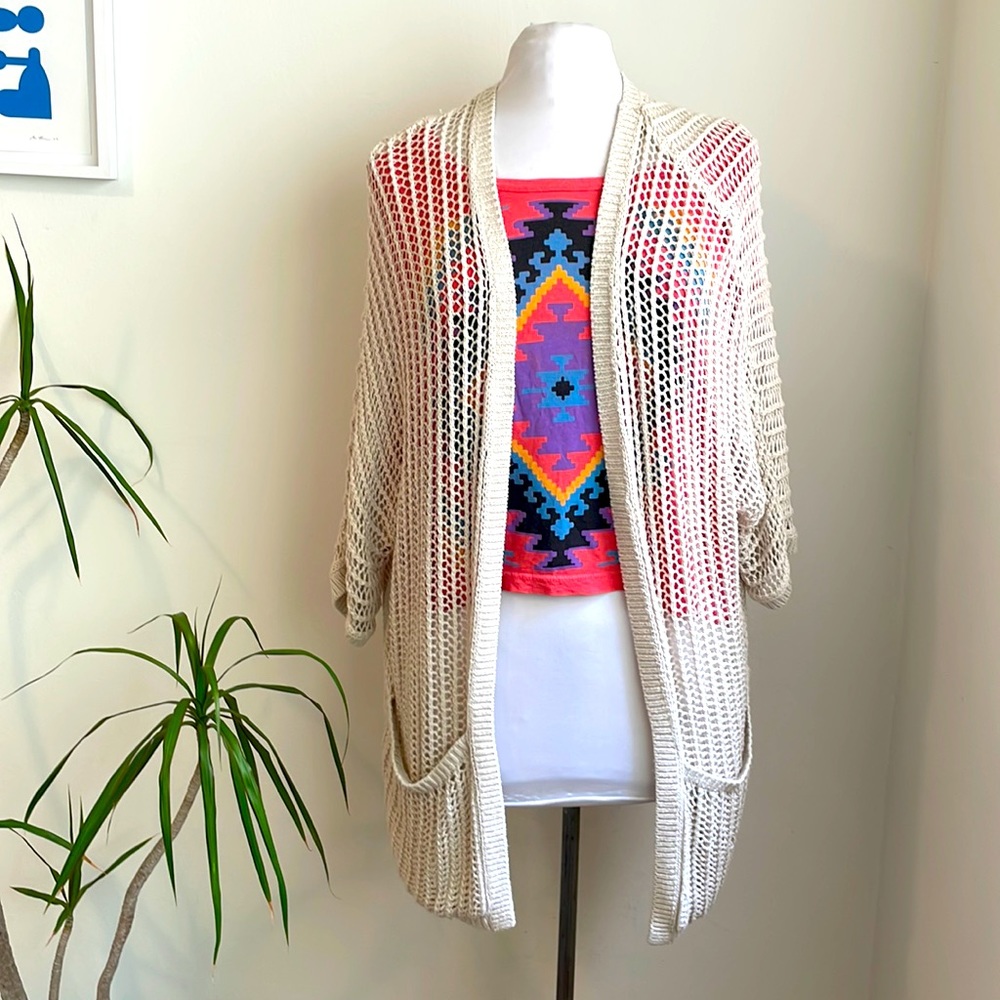 Garage Crochet Draped Cardigan Oatmeal M-L Loose Knit festival, coastal Sweater